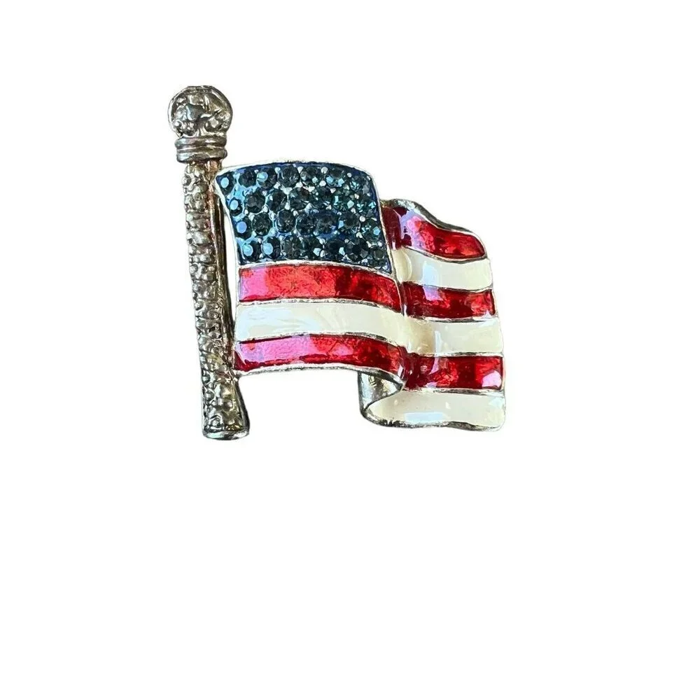 Vintage American Flag Patriotic Brooch Pin Rhinestone Enamel Waving Flag